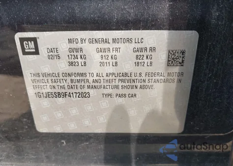 2015 Chevrolet Sonic Ltz Auto из США, поврежденный, VIN 1G1JE5SB9F4172023